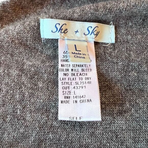 She + Sky Cowl Neck Fringe Cotton Blend Long Sleeve Poncho Sweater Gray Large - Picture 2 of 8